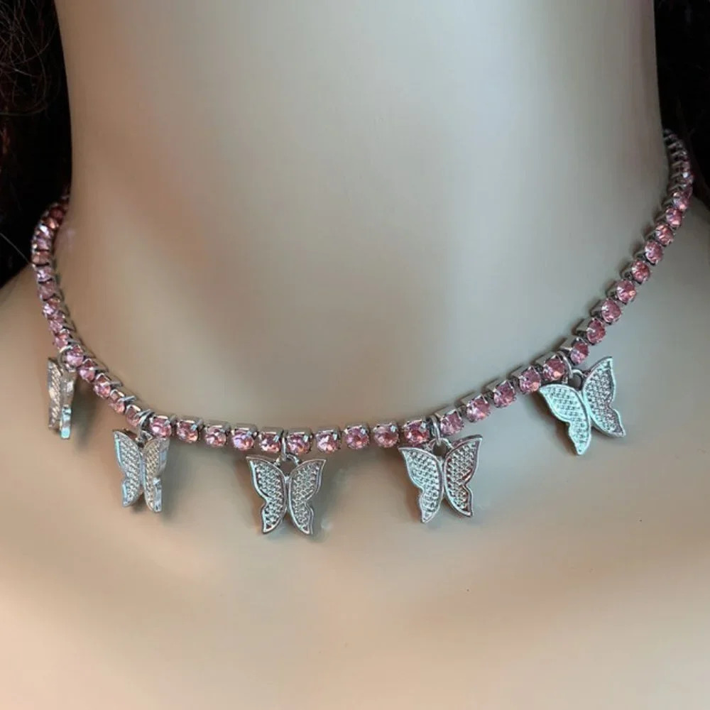 🌸 Shiny Many Lovely Butterfly Full Around Crystal Chokers Necklace, EVGG1070